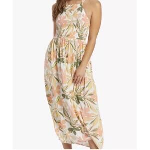 Roxy Bungalow Midi Dress Floral Size SP Hawaiian Smocked Halter Boho Coastal